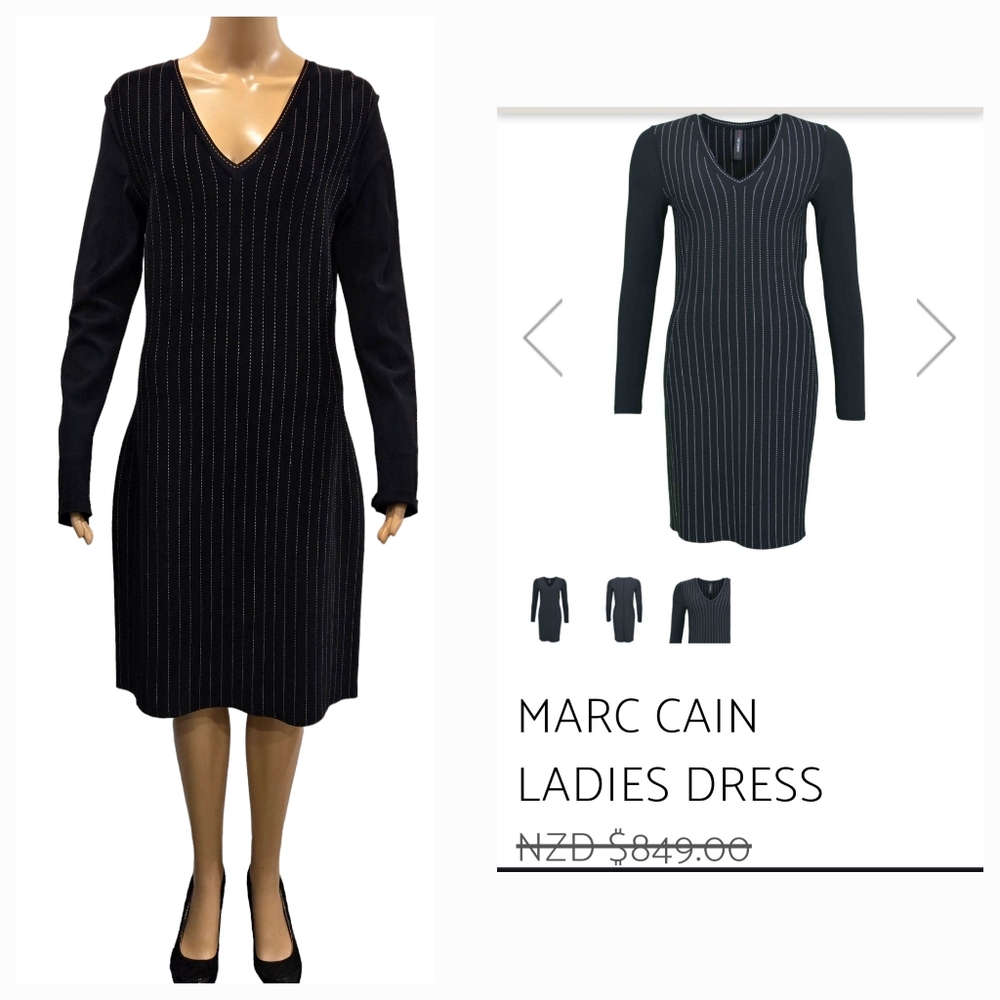 Marc Cain Black and White Striped Midi Dress
